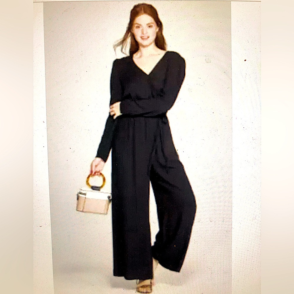 A New Day Jumpsuit, 3/4 Long Sleeve, Black, Tie Waist, Size Small with Pockets
